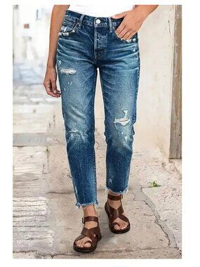 FLAMINGALS Mid Waist Straight Leg Cropped Ripped Jeans - Small - NEW NWT